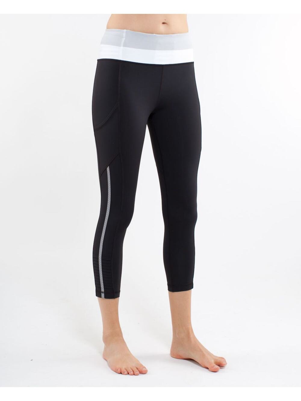 Lululemon Size 6 Run: Back On Track Crop Leggings 22" Black White Silver Pockets - Picture 1 of 7